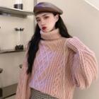 Turtleneck Cable-knit Sweater Pink - One Size