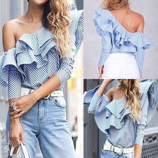 Frill Trim Striped One-shoulder Top
