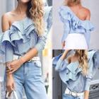 Frill Trim Striped One-shoulder Top