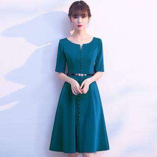 Elbow-sleeve Split-neck A-line Dress