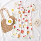 Ribbon-neckline Fruit-print A-line Dress