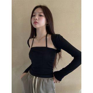 Camisole Top / Long-sleeve Crop Top / Distressed Wide Leg Pants