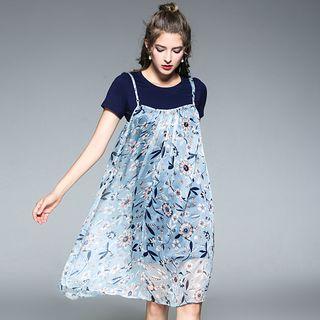 Set: Plain Short Sleeve T-shirt Dress + Floral Print Spaghetti Strap Dress