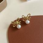Bow Faux Pearl Drop Earring 1747a# - 1 Pair - Gold & White - One Size