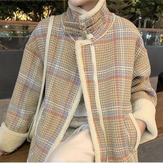 Plaid Fleece-lined Jacket Yellow - One Size