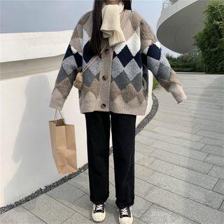 Argyle Cardigan Khaki & Blue &brown - One Size