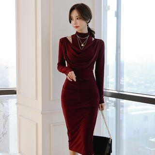 Mock Two-piece Long-sleeve Stand Collar Sheath Dress