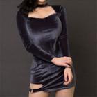 Long-sleeve Cut-out Pleuche Mini Sheath Dress