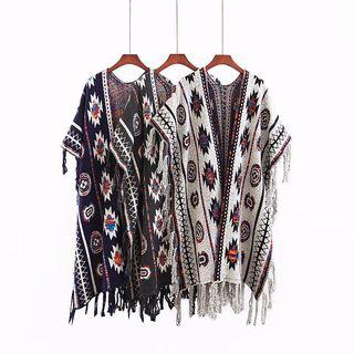 Ethnic-print Fringed Knit Cardigan