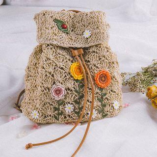 Floral Embroidered Straw Backpack