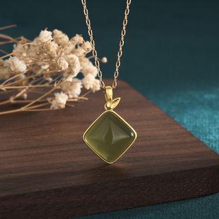 Square Faux Gemstone Pendant Alloy Necklace 1 Pc - Cp408 - Green - One Size