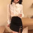 Plain Frilled Long-sleeve Shirt / High-waist Skirt