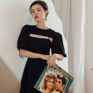Set: Puff-sleeve Shrug + Spaghetti Strap Plain Midi Dress