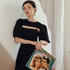 Set: Puff-sleeve Shrug + Spaghetti Strap Plain Midi Dress