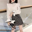 Lace-trim Long-sleeve Blouse / Gingham Tweed Skirt