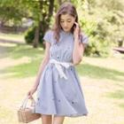 Short-sleeve Striped Embroidery Dress With Belt