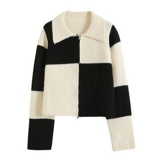 Collared Checkerboard Zip Cardigan