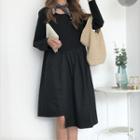 Long-sleeve Asymmetrical A-line Dress Black - One Size
