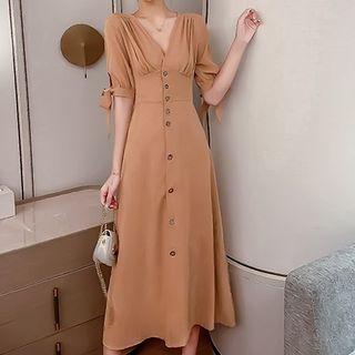 Tie-cuff Single-breasted Midi Dress