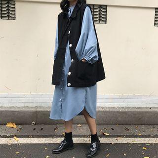 Long-sleeve Midi Shirt Dress / Buttoned Vest