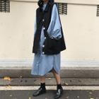 Long-sleeve Midi Shirt Dress / Buttoned Vest