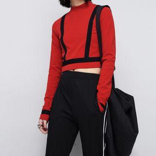 Long Sleeve Mock-neck Contrast Trim Cropped T-shirt