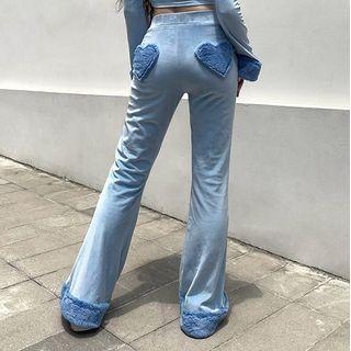 High-waist Heart Furry-trim Velvet Boot-cut Pants