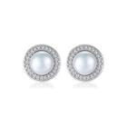 Sterling Silver Fashion And Elegant Geometric Round White Freshwater Pearl Stud Earrings With Cubic Zirconia Silver - One Size