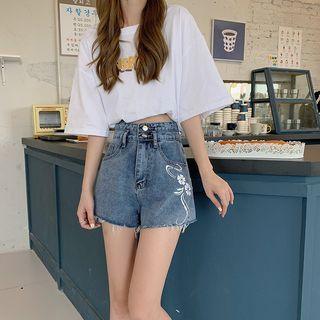Floral Print Washed Denim Shorts