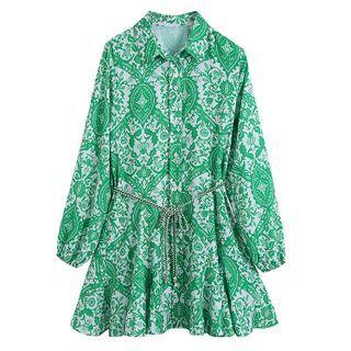 Long-sleeve Paisley Print Mini Shirt Dress