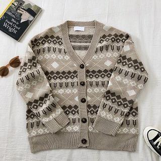 Asymmetric Print Single-breasted Long-sleeve Cardigan Khaki - One Size