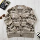 Asymmetric Print Single-breasted Long-sleeve Cardigan Khaki - One Size
