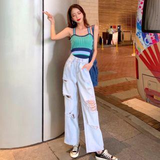 Striped Knit Camisole / Wide Leg Ripped Jeans