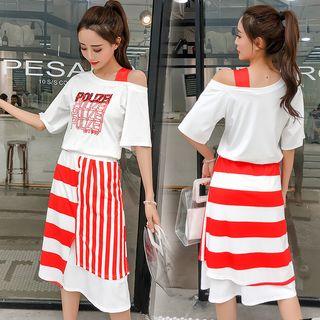 Set: Lettering Cold Shoulder Short-sleeve T-shirt + Striped A-line Midi Skirt