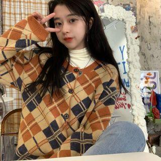 Diamond Check Cardigan Argyle - Brown & Blue - One Size