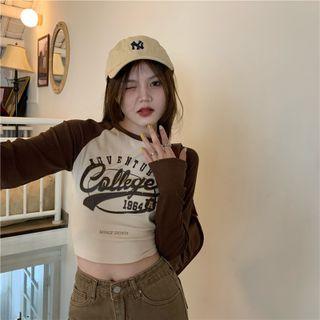Long-sleeve Lettering Print Cropped Raglan T-shirt Coffee - One Size