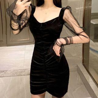 Balloon-sleeve Velvet Sheath Dress