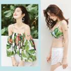 Set: Floral Print Off-shoulder Cover-up + Bikini + Shorts