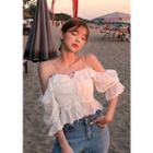 Off-shoulder Lace-up Eyelet-lace Blouse
