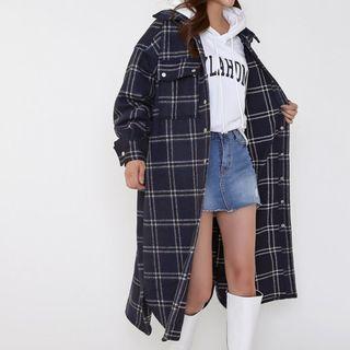 Flap-pocket Plaid Long Shirt Navy Blue - One Size