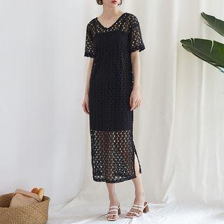 Set : V-neck Lace Short-sleeve Dress + Spaghetti Strap Dress