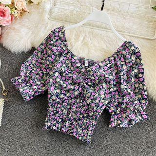 Retro Floral Print Smocked Cropped Blouse