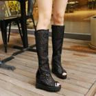 Open-toe Lace Panel Platform Tall Boots