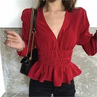V-neck Smocked-waist A-line Top