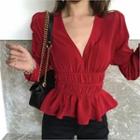 V-neck Smocked-waist A-line Top