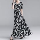 Short-sleeve Feather Print Maxi A-line Dress