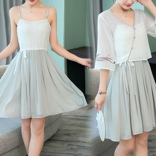 Set: Spaghetti Strap A-line Dress + Elbow-sleeve Embroidered Top