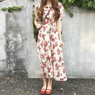 Short Sleeve Floral Printed Chiffon Dress