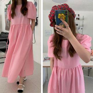 Puff-sleeve Plain Loose-fit Dress Pink - One Size