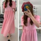 Puff-sleeve Plain Loose-fit Dress Pink - One Size